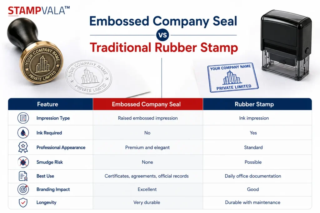 Embossed Company Seal Online comparison showing embossed company seal vs traditional rubber stamp with features including impression type, ink requirement, professional appearance, branding impact, smudge risk, best use, and durability.